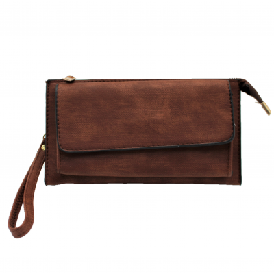 10016- COFFEE PU LEATHER TRI POCKET CLUTCH / CROSS BODY BAG